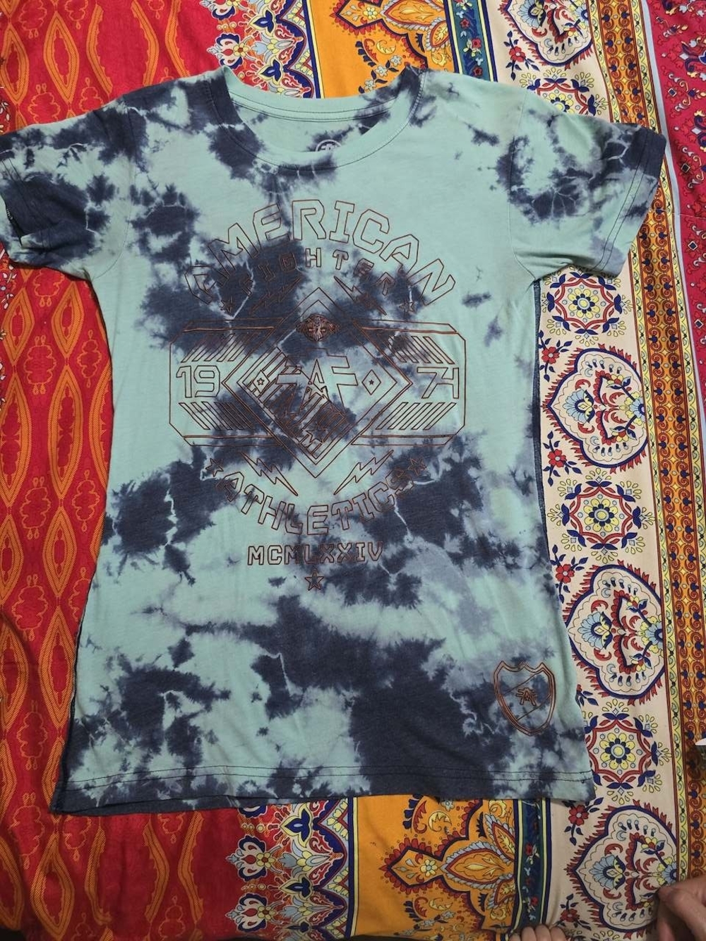 American Fighter Tie-Dye Tee in Light Teal & Navy Womens.